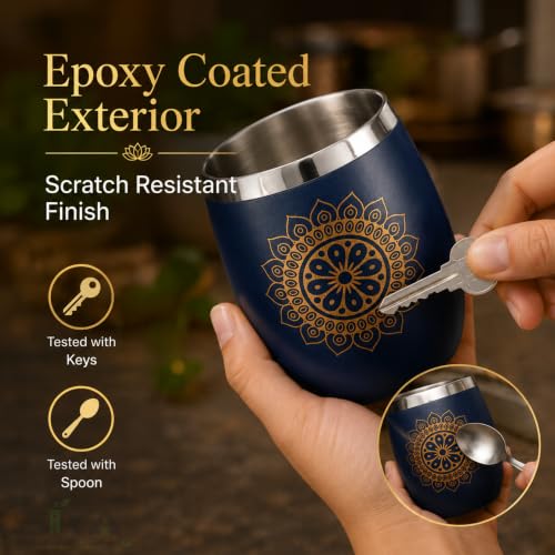 Stainless Steel Glass Set Blue (250ml x6pcs) Premium Scratch Proof, Mandala Chakra Printed Glass Set, Steel Glass Set, Ideal for Hot & Cold Drink, Anniversary & Wedding Gift, Housewarming Gift (Blue)