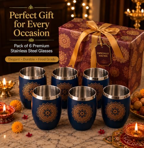 Stainless Steel Glass Set Blue (250ml x6pcs) Premium Scratch Proof, Mandala Chakra Printed Glass Set, Steel Glass Set, Ideal for Hot & Cold Drink, Anniversary & Wedding Gift, Housewarming Gift (Blue)