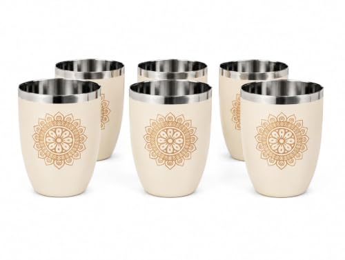 Stainless Steel Glass Set Ivory (250ml x6pcs) Premium Scratch Proof, Mandala Chakra Printed Glass Set, Steel Glass Set, Ideal for Hot & Cold Drink, Anniversary & Wedding Gift, Housewarming Gift (Ivory)