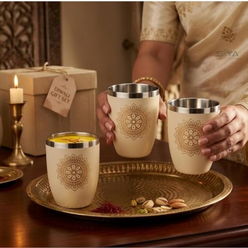 Stainless Steel Glass Set Ivory (250ml x6pcs) Premium Scratch Proof, Mandala Chakra Printed Glass Set, Steel Glass Set, Ideal for Hot & Cold Drink, Anniversary & Wedding Gift, Housewarming Gift (Ivory)