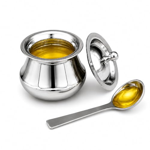 Premium Matka shape Ghee Pot with Lid & Spoon, 150 Ml,Food Grade Ghee, Butter & Oil Storage & Serving Container for Kitchen, (Silver) (Size 1Number)