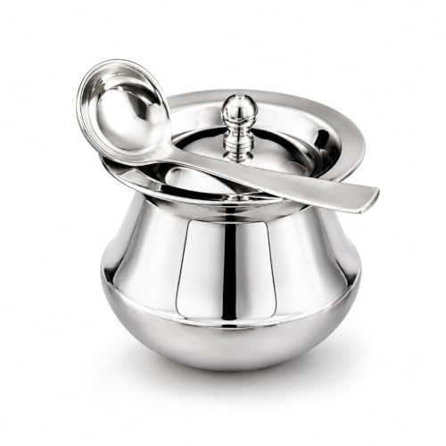 Premium Matka shape Ghee Pot with Lid & Spoon, 150 Ml,Food Grade Ghee, Butter & Oil Storage & Serving Container for Kitchen, (Silver) (Size 1Number)