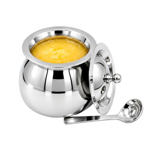 Premium Inox Ghee Pot with Lid & Spoon, 200 Ml,Food Grade Ghee, Butter & Oil Storage & Serving Container for Kitchen, (Silver) (Size 1Number)
