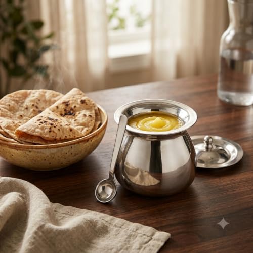 Premium Inox Ghee Pot with Lid & Spoon, 400 Ml,Food Grade Ghee, Butter & Oil Storage & Serving Container for Kitchen, (Silver) (Size 3Number)