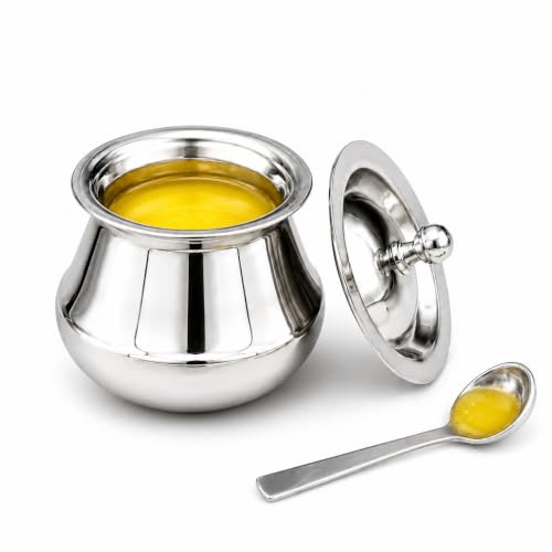 Premium Matka shape Ghee Pot with Lid & Spoon, 250 Ml,Food Grade Ghee, Butter & Oil Storage & Serving Container for Kitchen, (Silver) (Size 2Number)