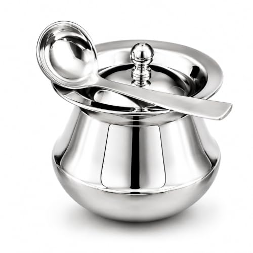 Premium Matka shape Ghee Pot with Lid & Spoon, 250 Ml,Food Grade Ghee, Butter & Oil Storage & Serving Container for Kitchen, (Silver) (Size 2Number)