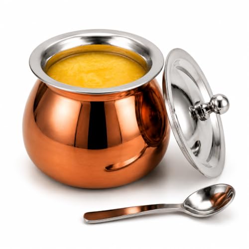 Premium Inox Ghee Pot with Lid & Spoon, 300 Ml,Food Grade Ghee, Butter & Oil Storage & Serving Container for Kitchen, (Rose Gold) (Size 2Number)