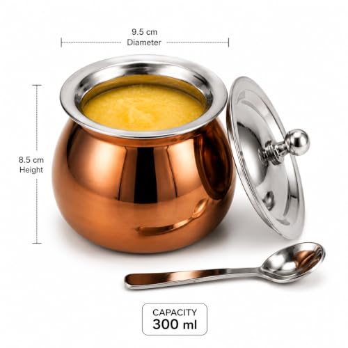 Premium Inox Ghee Pot with Lid & Spoon, 300 Ml,Food Grade Ghee, Butter & Oil Storage & Serving Container for Kitchen, (Rose Gold) (Size 2Number)