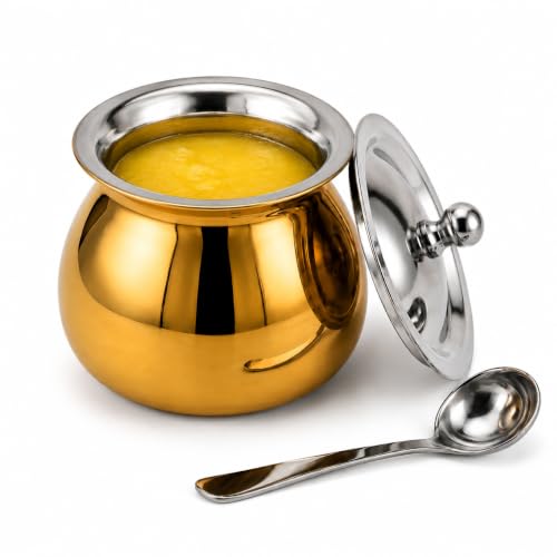 Premium Inox Ghee Pot with Lid & Spoon, 300 Ml,Food Grade Ghee, Butter & Oil Storage & Serving Container for Kitchen, (Golden) (Size 2Number)