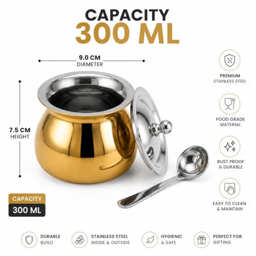 Premium Inox Ghee Pot with Lid & Spoon, 300 Ml,Food Grade Ghee, Butter & Oil Storage & Serving Container for Kitchen, (Golden) (Size 2Number)