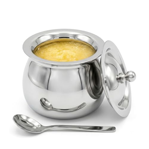 Premium Inox Ghee Pot with Lid & Spoon, 300 Ml,Food Grade Ghee, Butter & Oil Storage & Serving Container for Kitchen, (Silver) (Size 2Number)
