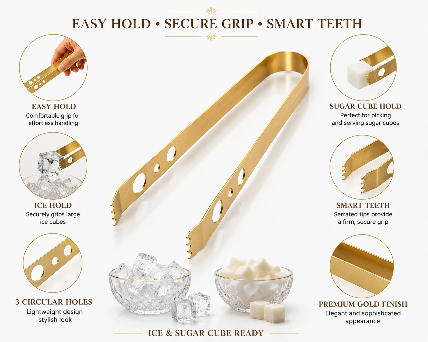 Stainless Steel Golden Ice Tong for Ice Cubes, Sugar, Snacks & Buffet Serving | Heavy Duty Anti-Slip Ice Cube Tongs for Kitchen, Bar, Party & Cocktail Accessories