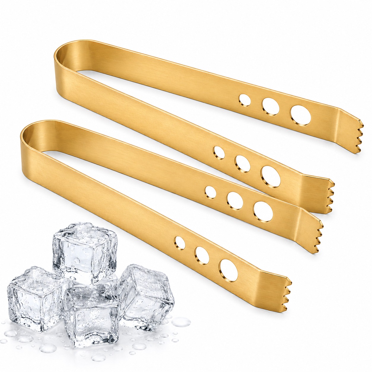 Stainless Steel Golden Ice Tong (Pack of 2) for Ice Cubes, Sugar, Snacks & Buffet Serving | Heavy Duty Anti-Slip Ice Cube Tongs for Kitchen, Bar, Party & Cocktail Accessories