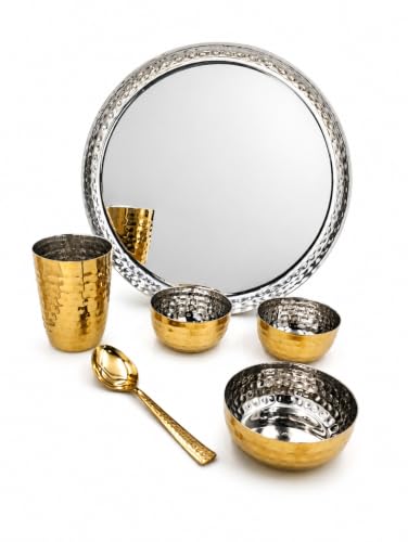 Stainless Steel Golden Colour Hammered Thali Set of (6 Pcs Set) (1Thali, 2Bowls, 1Broad Bowl, 1Glass, 1Spoon), Elegant PVD Gold Coating, Premium gifting idea, Dishwasher Safe, Golden Thali Set, Wedding Gift, Housewarming Gift