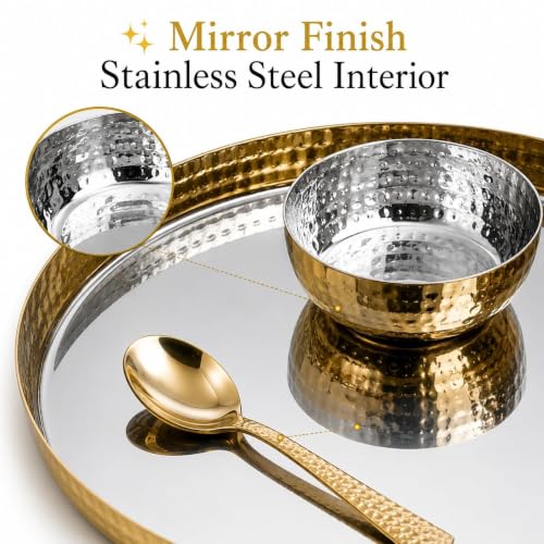 Stainless Steel Golden Colour Hammered Thali Set of (6 Pcs Set) (1Thali, 2Bowls, 1Broad Bowl, 1Glass, 1Spoon), Elegant PVD Gold Coating, Premium gifting idea, Dishwasher Safe, Golden Thali Set, Wedding Gift, Housewarming Gift
