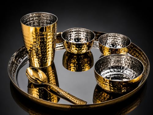Stainless Steel Golden Colour Hammered Thali Set of (6 Pcs Set) (1Thali, 2Bowls, 1Broad Bowl, 1Glass, 1Spoon), Elegant PVD Gold Coating, Premium gifting idea, Dishwasher Safe, Golden Thali Set, Wedding Gift, Housewarming Gift