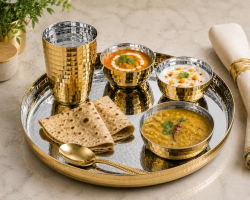 Stainless Steel Golden Colour Hammered Thali Set of (6 Pcs Set) (1Thali, 2Bowls, 1Broad Bowl, 1Glass, 1Spoon), Elegant PVD Gold Coating, Premium gifting idea, Dishwasher Safe, Golden Thali Set, Wedding Gift, Housewarming Gift