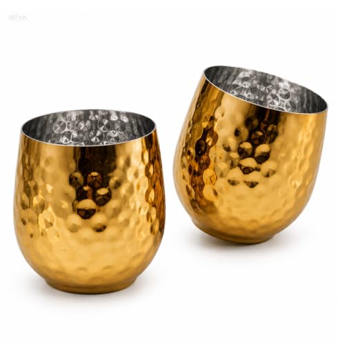 Stainless Steel Golden Colour Hammered Glass Set of 6 (250ml Each), Elegant PVD Gold Coating, Premium Golden Glass Set, Dishwasher Safe, Housewarming Gift, New Home Gift, Stainless Steel Glasses