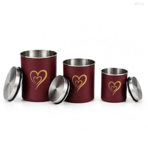 Multipurpose Stainless Steel Vacuum Containers Set of 3 (850ml, 650ml, 500ml),Scratch-Proof Epoxy Coated Black Kitchen Canisters, Airtight Jars, Decorative Kitchen Organizer (Maroon)