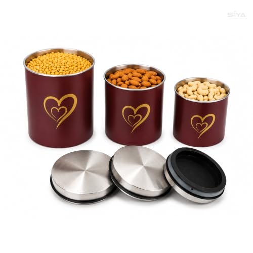 Multipurpose Stainless Steel Vacuum Containers Set of 3 (850ml, 650ml, 500ml),Scratch-Proof Epoxy Coated Black Kitchen Canisters, Airtight Jars, Decorative Kitchen Organizer (Maroon)