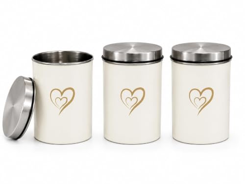 Multipurpose Stainless Steel Airtight Storage Canister Set, Epoxy Coated, Dishwash Safe, Heart Print Kitchen Storage Containers, Return Gift, Housewarming Gift, 850ml x 3pcs, Ivory