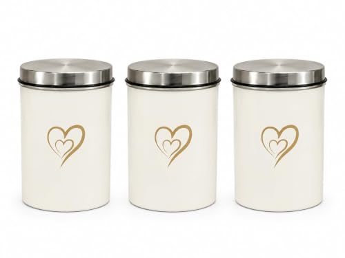 Multipurpose Stainless Steel Airtight Storage Canister Set, Epoxy Coated, Dishwash Safe, Heart Print Kitchen Storage Containers, Return Gift, Housewarming Gift, 850ml x 3pcs, Ivory