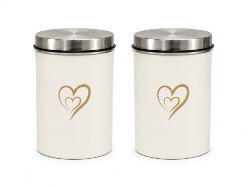 Multipurpose Stainless Steel Airtight Storage Canister Set, Epoxy Coated, Dishwash Safe, Heart Print Kitchen Storage Containers, Return Gift, Housewarming Gift, 850ml x 2pcs, Ivory