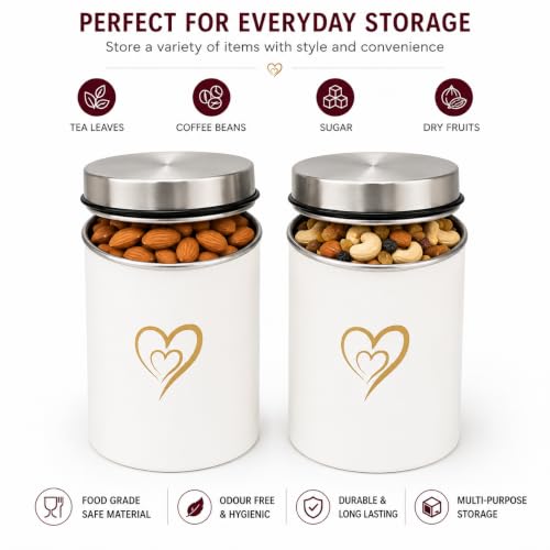 Multipurpose Stainless Steel Airtight Storage Canister Set, Epoxy Coated, Dishwash Safe, Heart Print Kitchen Storage Containers, Return Gift, Housewarming Gift, 850ml x 2pcs, Ivory