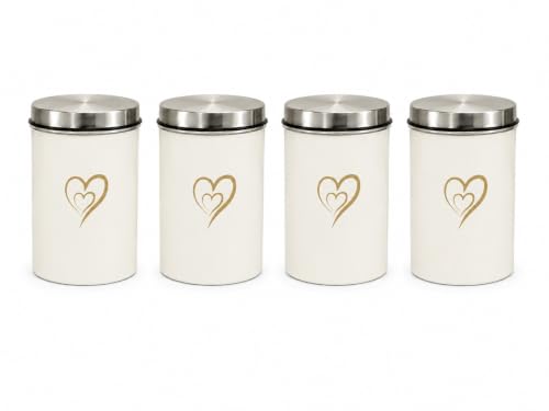 Multipurpose Stainless Steel Airtight Storage Canister Set, Epoxy Coated, Dishwash Safe, Heart Print Kitchen Storage Containers, Return Gift, Housewarming Gift, 850ml x 4pcs, Ivory