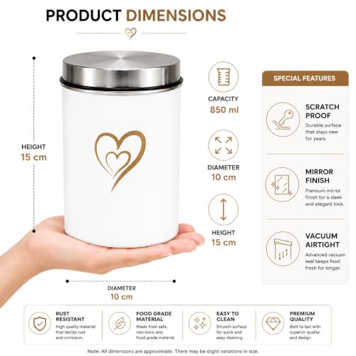 Multipurpose Stainless Steel Airtight Storage Canister Set, Epoxy Coated, Dishwash Safe, Heart Print Kitchen Storage Containers, Return Gift, Housewarming Gift, 850ml x 4pcs, Ivory