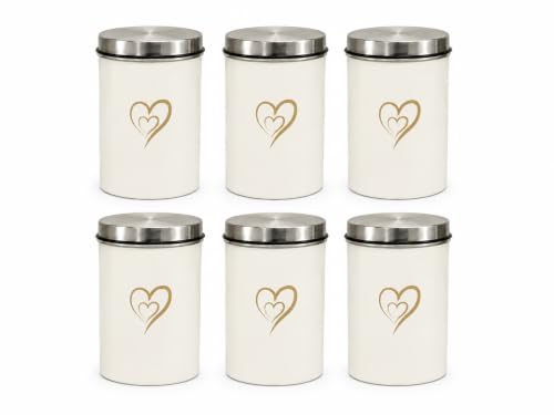 Multipurpose Stainless Steel Airtight Storage Canister Set, Epoxy Coated, Dishwash Safe, Heart Print Kitchen Storage Containers, Return Gift, Housewarming Gift, 850ml x 6pcs, Ivory