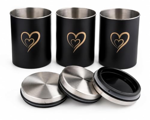 Multipurpose Stainless Steel Airtight Storage Canister Set, Epoxy Coated, Dishwash Safe, Heart Print Kitchen Storage Containers, Return Gift, Housewarming Gift, 850ml x 3pcs, Black