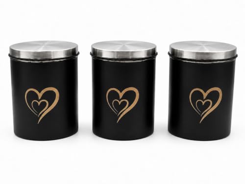Multipurpose Stainless Steel Airtight Storage Canister Set, Epoxy Coated, Dishwash Safe, Heart Print Kitchen Storage Containers, Return Gift, Housewarming Gift, 850ml x 3pcs, Black