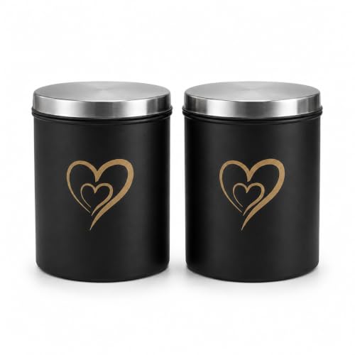 Multipurpose Stainless Steel Airtight Storage Canister Set, Epoxy Coated, Dishwash Safe, Heart Print Kitchen Storage Containers, Return Gift, Housewarming Gift, 850ml x 2pcs, Black