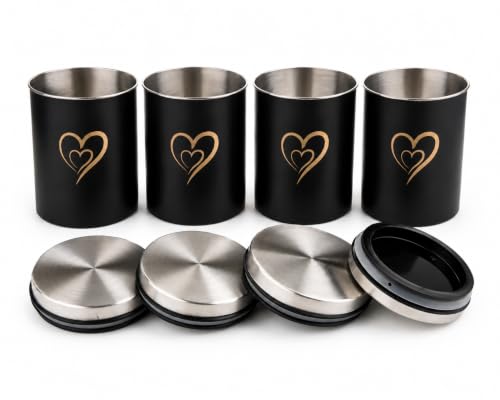 Multipurpose Stainless Steel Airtight Storage Canister Set, Epoxy Coated, Dishwash Safe, Heart Print Kitchen Storage Containers, Return Gift, Housewarming Gift, 850ml x 4pcs, Black