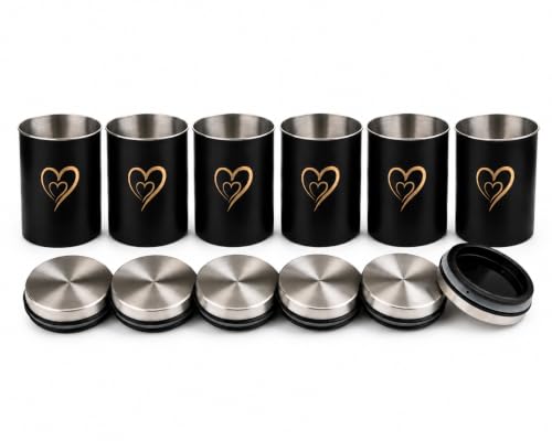 Multipurpose Stainless Steel Airtight Storage Canister Set, Epoxy Coated, Dishwash Safe, Heart Print Kitchen Storage Containers, Return Gift, Housewarming Gift, 850ml x 6pcs, Black