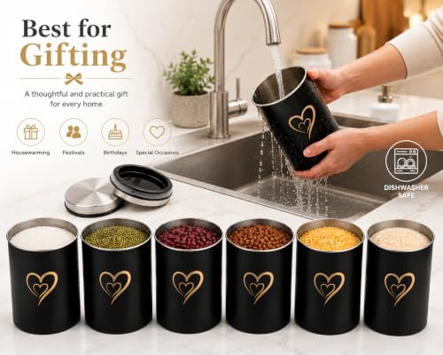 Multipurpose Stainless Steel Airtight Storage Canister Set, Epoxy Coated, Dishwash Safe, Heart Print Kitchen Storage Containers, Return Gift, Housewarming Gift, 850ml x 6pcs, Black