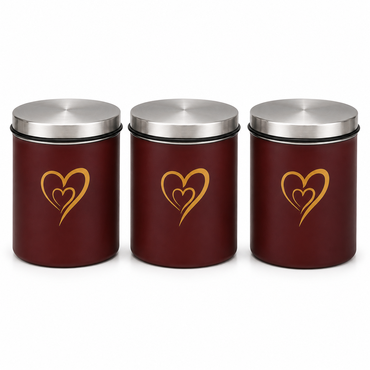 Multipurpose Stainless Steel Airtight Storage Canister Set, Epoxy Coated, Dishwash Safe, Heart Print Kitchen Storage Containers, Return Gift, Housewarming Gift, 850ml x 3pcs, Maroon