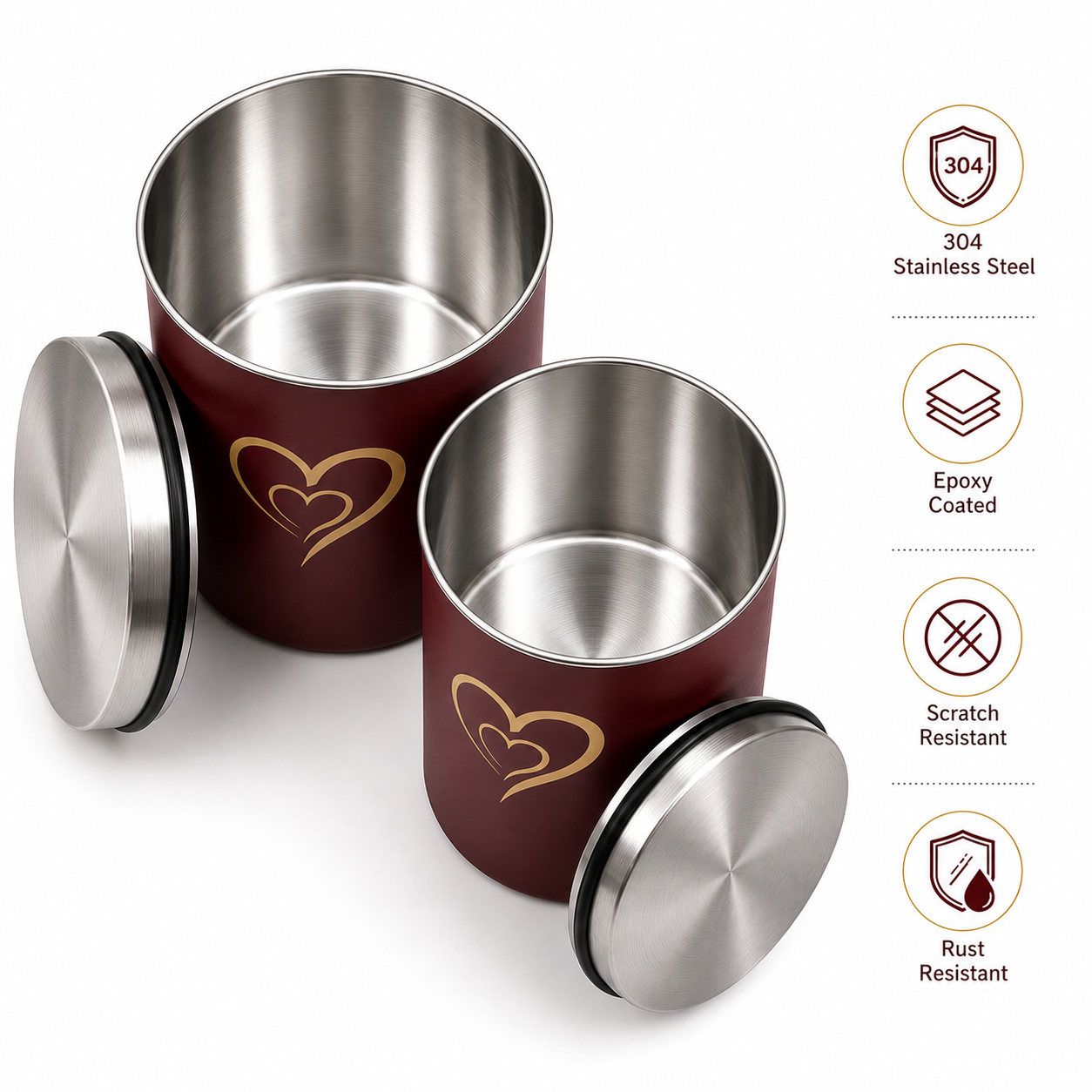 Multipurpose Stainless Steel Airtight Storage Canister Set, Epoxy Coated, Dishwash Safe, Heart Print Kitchen Storage Containers, Return Gift, Housewarming Gift, 850ml x 3pcs, Maroon