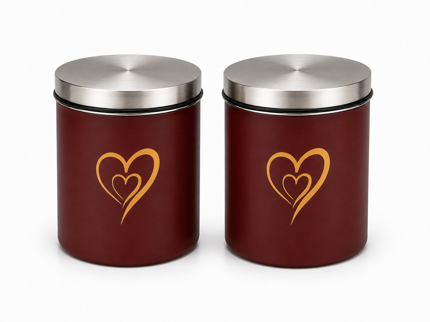 Multipurpose Stainless Steel Airtight Storage Canister Set, Epoxy Coated, Dishwash Safe, Heart Print Kitchen Storage Containers, Return Gift, Housewarming Gift, 850ml x 2pcs, Maroon