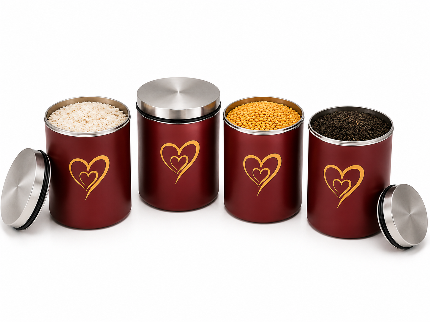 Multipurpose Stainless Steel Airtight Storage Canister Set, Epoxy Coated, Dishwash Safe, Heart Print Kitchen Storage Containers, Return Gift, Housewarming Gift, 850ml x 4pcs, Maroon