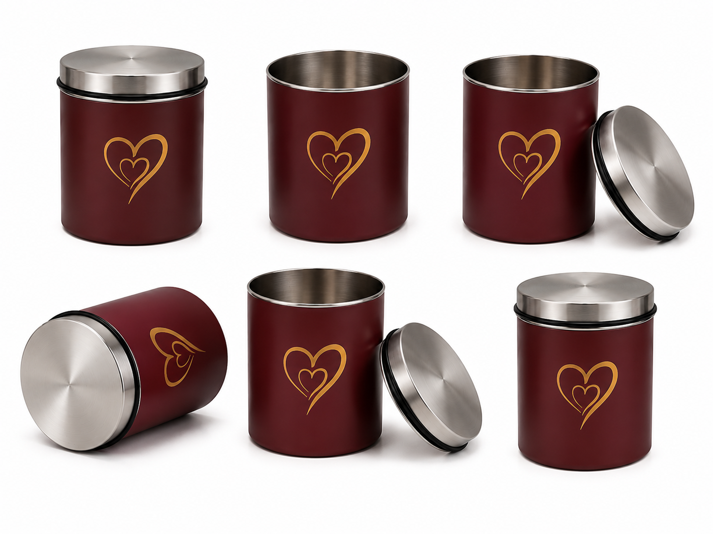 Multipurpose Stainless Steel Airtight Storage Canister Set, Epoxy Coated, Dishwash Safe, Heart Print Kitchen Storage Containers, Return Gift, Housewarming Gift, 850ml x 6pcs, Maroon