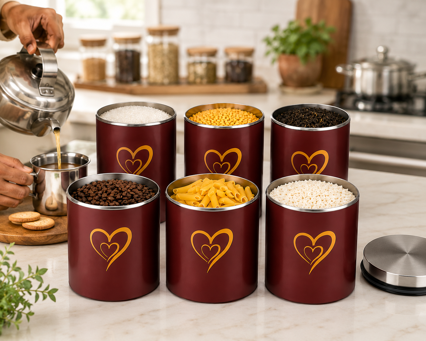 Multipurpose Stainless Steel Airtight Storage Canister Set, Epoxy Coated, Dishwash Safe, Heart Print Kitchen Storage Containers, Return Gift, Housewarming Gift, 850ml x 6pcs, Maroon