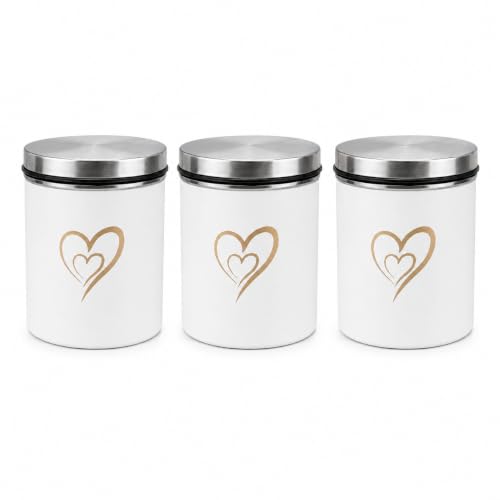 Multipurpose Stainless Steel Airtight Storage Canister Set, Epoxy Coated, Dishwash Safe, Heart Print Kitchen Storage Containers, Return Gift, Housewarming Gift, 650ml x 3pcs, Ivory