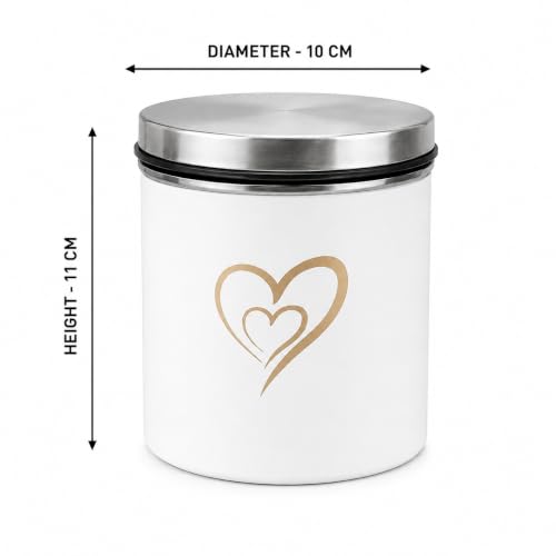 Multipurpose Stainless Steel Airtight Storage Canister Set, Epoxy Coated, Dishwash Safe, Heart Print Kitchen Storage Containers, Return Gift, Housewarming Gift, 650ml x 3pcs, Ivory