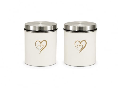 Multipurpose Stainless Steel Airtight Storage Canister Set, Epoxy Coated, Dishwash Safe, Heart Print Kitchen Storage Containers, Return Gift, Housewarming Gift, 650ml x 2pcs, Ivory