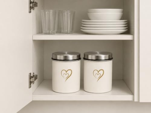 Multipurpose Stainless Steel Airtight Storage Canister Set, Epoxy Coated, Dishwash Safe, Heart Print Kitchen Storage Containers, Return Gift, Housewarming Gift, 650ml x 2pcs, Ivory