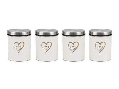 Multipurpose Stainless Steel Airtight Storage Canister Set, Epoxy Coated, Dishwash Safe, Heart Print Kitchen Storage Containers, Return Gift, Housewarming Gift, 650ml x 4pcs, Ivory
