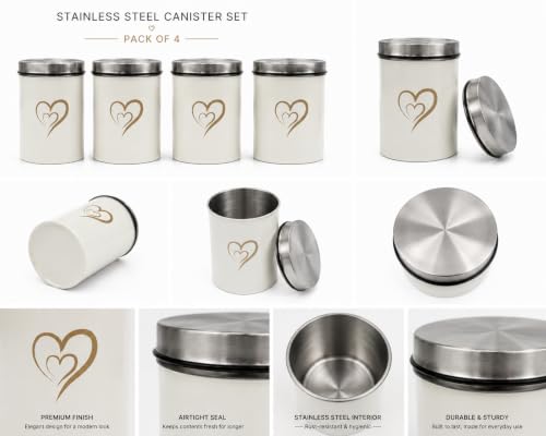 Multipurpose Stainless Steel Airtight Storage Canister Set, Epoxy Coated, Dishwash Safe, Heart Print Kitchen Storage Containers, Return Gift, Housewarming Gift, 650ml x 4pcs, Ivory