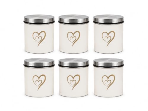 Multipurpose Stainless Steel Airtight Storage Canister Set, Epoxy Coated, Dishwash Safe, Heart Print Kitchen Storage Containers, Return Gift, Housewarming Gift, 650ml x 6pcs, Ivory